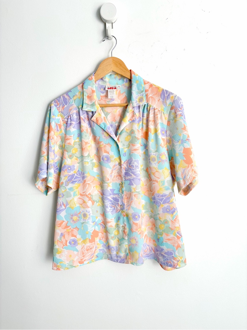 Vintage 90s Alia Pastel Floral Crinkle Blouse Soft Girl Granny Chic 12